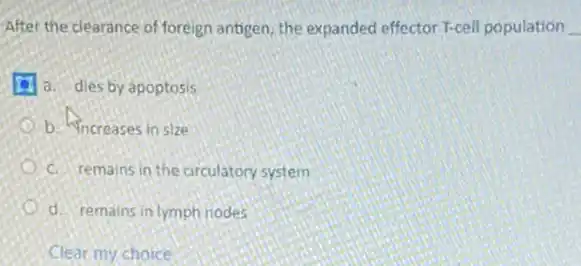 After the clearance of foreign antigen, the expanded effector T-cell population __
a. dies by apoptosis
b. Increases in size
C. remains in the circulatory system
d. remains in lymph nodes
Clear my choice