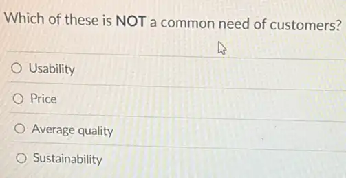 Which of these is NOT a common need of customers?
Usability
Price
Average quality
Sustainability