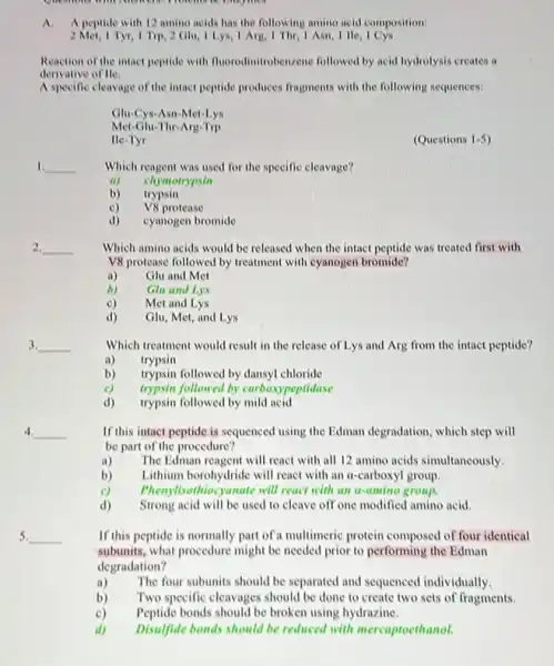 consymes
A. A peptide with 12 amino acids has the following amino acid composition:
2 Met, 1 Tyr, 1 Trp.2 Glu, I Lys, I Arg, 1 Thr, 1 Asn I He
Reaction of the intact peptide with fluorodinitrobenzene followed by acid hydrolysis creates a
derivative of lle.
A specific cleavage of the interest peptide produces fragments with the following sequences:
Glu-Cys-Asn-Met-Ly
Met-Glu-Thr-Arg-Trp
He-Tyr
(Questions 1-5
1. __
Which reagent was used for the specific cleavage?
a)
chymotrypsin
b) trypsin
c) V8 protease
d) cyanogen bromide
__ Which amino acids would be released when the intact peptide was treated first with
V8 protease followed by treatment with cyanogen bromide?
a) Glu and Met
b) Glu and Lys
c) Met and Lys
d)
Glu, Met, and Lys
3. __
Which treatment would result in the release of Lys and Arg from the intact peptide?
a) trypsin
b) trypsin followed by dansy!chloride
c) trypsin followed by carbox peptidase
d) trypsin followed by mild acid
__
If this intact peptide is sequenced using the Edman degradation, which step will
be part of the procedure?
a) The Edman reagent will react with all 12 amino acids simultaneously.
b) Lithium borohydride will react with an a-carboxyl group.
c) Phenylisothlocyanate will react with an a-amino group.
d) Strong acid will be used to cleave off one modified amino acid
__
If this peptide is normally part of a multimeric protein composed of four identical
subunits, what procedure might be needed prior to performing the Edman
degradation?
a) The four subunits should be separated and sequenced individually
b) Two specific cleavages should be done to create two sets of fragments.
c) Peptide bonds should be broken using hydrazine.
d) Disulfide bonds should be reduced with mercaptoethanol.