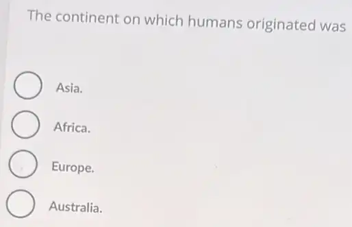 The continent on which humans originated was
Asia.
Africa.
Europe.
Australia.