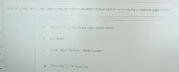 Excel de bir tablodan grafik olusturulmasi icin tabloda bulunan hücreler secildikten sonra hangi islemler yapilmalidir?
A Ekle/Grafik basigi altunda uygun grafik secilir
B Ciz/Grofik
c Sayfa yapis/Grafikler/Grafik Olustur
D Formuller/Grafik Formuller