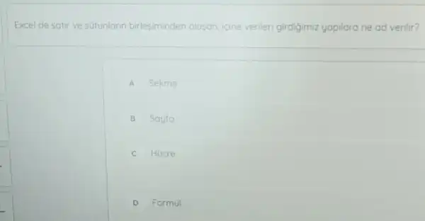 Excel de satir ve sutunlarin birlesiminden olusan, icine verileri girdigimiz yapilara ne ad verilir?
A Sekme
B Sayfa
C Hücre
D Formül