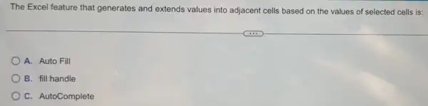 The Excel feature that generates and extends values into adjacent cells based on the values of selected cells is:
A. Auto Fill
B. fill handle
C. AutoComplete