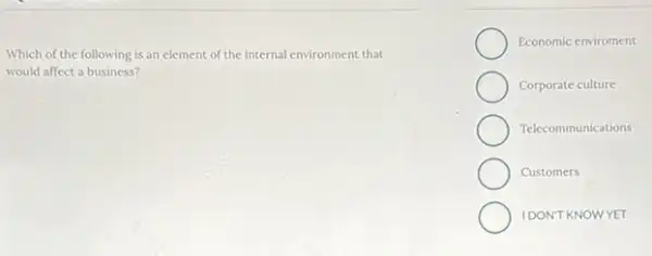 Which of the following is an element of the internal environment that
would affect a business?
Economic enviroment
Corporate culture
Telecommunications
Customers
IDONT KNOWYET