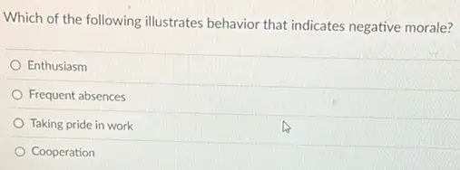 Which of the following illustrates behavior that indicates negative morale?
Enthusiasm
Frequent absences
Taking pride in work
Cooperation