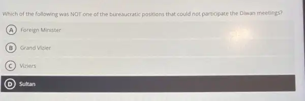 Which of the following was NOT one of the bureaucratic positions that could not participate the Diwan meetings?
A Foreign Minister
B Grand Vizier
C Viziers
D Sultan