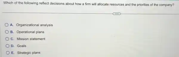 Which of the following reflect decisions about how a firm will allocate resources and the priorities of the company?
A. Organizational analysis
B. Operational plans
C. Mission statement
D. Goals
E. Strategic plans