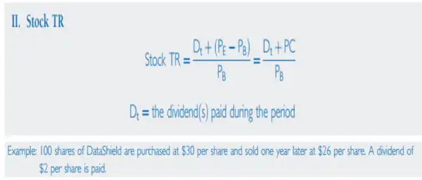 II. Stock TR
Stock KR=(D_(t)+(P_(E)-P_(B)))/(P_(B))=(D_(t)+PC)/(P_(B))
D_(t)=the dividend (s) paid during the period
Example: 100 shares of DataShield are purchased at 30 per share and sold one year later at 26 per share. A dividend of
 2 per share is paid.