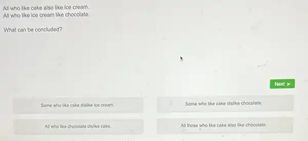 All who like cake also like ice cream.
All who like ice cream like chocolate.
What can be concluded?
Some who like cake dislike ice cream.
Some who like cake dislike chocolate.
All who like chocolate dislike cake.
All those who like cake also like chocolate.