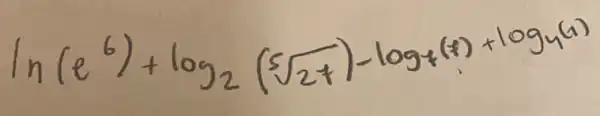 ln (e^6)+log _(2)(sqrt[5](27))-log _(7)(7)+log _(4)(7)