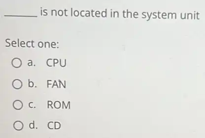 __ is not located in the system unit
Select one:
a. CPU
b. FAN
c. ROM
d. CD