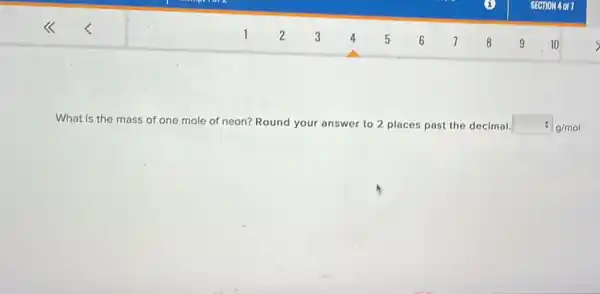 What is the mass of one mole of neon? Round your answer to 2 places past the decimal. hat (v)g/mol