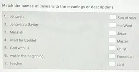 Match the names of Jesus with the meanings or descriptions.
1. Jehovah
2. Jehovah is Savior
3. Messiah
4. used for Excklel
5. God with us
6. was in the beginning
7. teacher
square  Son of man
square  the Word
square  Jesus
square  Master
square  Christ
square  Emmanuel
square  Lord