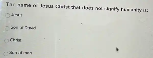 The name of Jesus Christ that does not signify humanity is:
Jesus
Son of David
Christ
Son of man