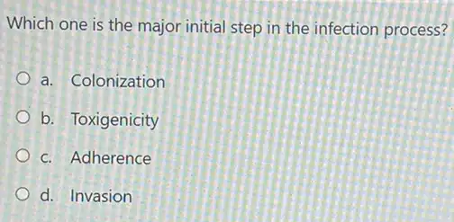 Which one is the major initial step in the infection process?
a. Colonization
b. Toxigenicity
c. Adherence
d. Invasion