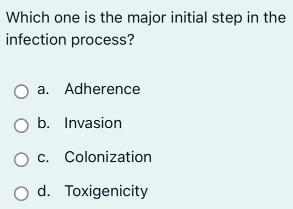 Which one is the major initial step in the
infection process?
a. Adherence
b. Invasion
c. Colonization
d. Toxic genicity