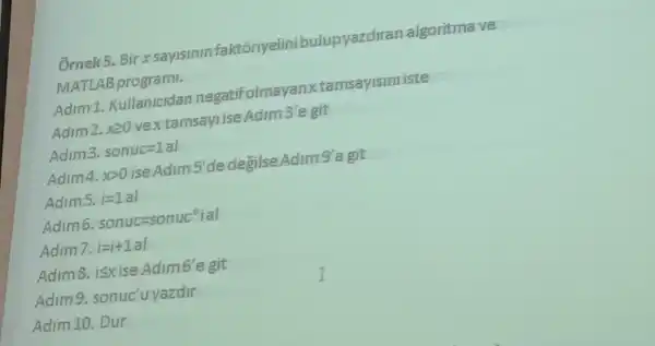 Ornek5.Bir x sayisinin ibulupyazdiran algoritma ve
MATLAB programi.
Adim 1 Kullanicidan negatifolmay anxtamsayisini iste
Adim2.x20 vex tamsayrise Adim 3'e git
Adim3. sonuc=1al
Adim4,x>0 ise Adim 5'de degilse Adim 9'a git
Adims. i=1al
Adim6 sonuc=sonuceighal
Adim7. i=i+1al
Adim8,isxise Adimb'e git
Adims . sonuc'uyazdir
Adim 10. Dur