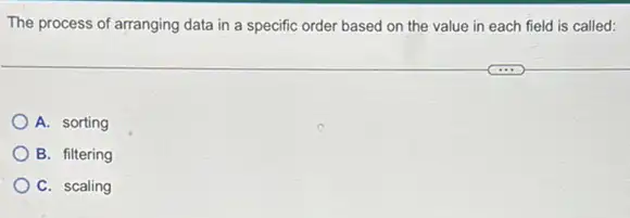 The process of arranging data in a specific order based on the value in each field is called:
A. sorting
B. filtering
C. scaling