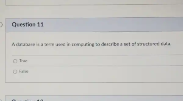 Question 11
A database is a term used in computing to describe a set of structured data.
True
False