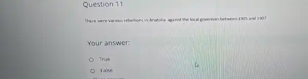 Question 11
There were various rebellions in Anatolia against the local governors between 1905 and 1907.
Your answer:
True
False