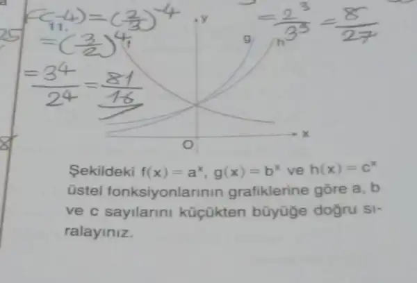 Sekildeki f(x)=a^x,g(x)=b^x ve h(x)=c^x
üstel fonksiyonlarinin grafiklerine gōre a, b
ve c sayilarini küçükten bũyüge dogru Si-
ralayiniz.