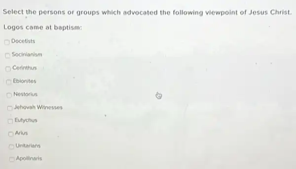 Select the persons or groups which advocated the following viewpoint of Jesus Christ.
Logos came at baptism:
Docetists
Socinianism
Cerinthus
Ebionites
Nestorius
Jehovah Witnesses
Eutychus
Arius
Unitarians
Apollinaris