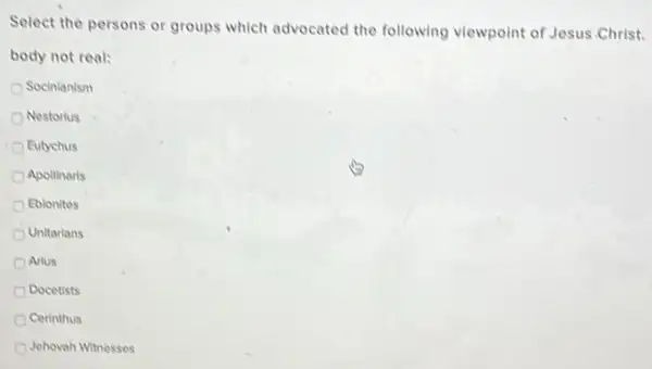 Select the persons or groups which advocated the following viewpoint of Jesus Christ.
body not real:
Socinianism
Nestorius
Eutychus
Apollinaris
Eblonites
Unitarians
Artus
Docetists
Cerinthus
Jehovah Witnesses