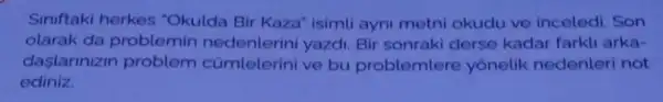 Siniftaki herkes "Okulda Bir Kaza isimli ayni metni okudu ve inceledi Son
olarak da problemin nedenterini yazdi. Bir sonraki derse kadar farkli arka-
daslarinizin problem cümlelerini ve bu problemlere yonelik nedenteri not
ediniz