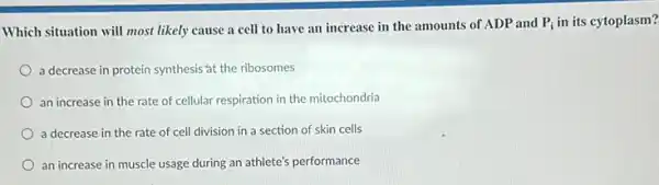 Which situation will most likely cause a cell to have an increase in the amounts of ADP and P_(i) in its cytoplasm?
a decrease in protein synthesis'at the ribosomes
an increase in the rate of cellular respiration in the mitochondria
a decrease in the rate of cell division in a section of skin cells
an increase in muscle usage during an athlete's performance