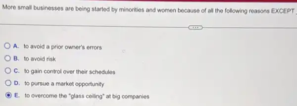 More small businesses are being started by minorities and women because of all the following reasons EXCEPT
A. to avoid a prior owner's errors
B. to avoid risk
C. to gain control over their schedules
D. to pursue a market opportunity
E. to overcome the "glass ceiling" at big companies