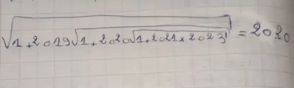 sqrt(1+2 circ 19 sqrt(1+2 circ 2 circ sqrt(1+2 circ 21 times 2 circ 23)))=20 %