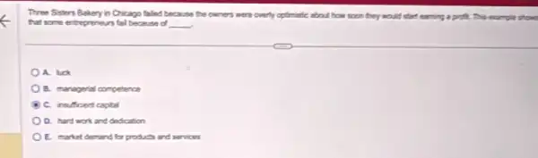 Three Sisters Bakery in Chicap faled because the carey were overly optimistic about how soon they would start earing
fhat some entrepreneurs fall because d __
A. look
B. managerial competence
C. insufficient captal
D. hard work and dedication
E. market demand for products and services
