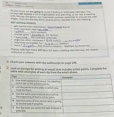 To:
Subject:
Prolict thim
As you know, we are going to bulld a factory in Indonesia next year. The project will involve a lot of organisation and planning, so we had a meeting with Stanley Dongoran, our Indonesian partner, yesterday to discuss the next stages. Here are the key action points which resulted from the meeting.
KEY ACTION POINTS
- get licence from Indonesian 'tovestmeat Board
- visit Indonesia next ( )^2 . Manth
- open bank account
- choose good "lecation for factory
- "secure the business premises
- organise other necessary'Permits
- interview candidates for' sive position
- book "flighds and accommodation - Matthew by tomorrow
Please note that there will be a full team meeting next Monday. We expect everyone to attend.
B Check your answers with the audioscript on page 148.
2 Look at the tips for writing an email that includes action points. Complete the table with examples of each tip from the email above.

 Tips & Examples 
 1 & }(l)
Give brief background about the meeting 
which led to the actions points.
 
 2 & 
List the points in the order in which you 
must do them.
 
 3 & 
Use the same grammatical structure at 
the beginning of every action point.
 
 4 & 
Add the name of the person who is going 
to do the task if possible.
 
 5 & 
Put the date you want the task finished if 
possible.