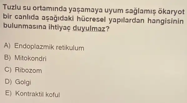 Tuzlu su ortaminda yaşamaya uyum saglamis okaryot
bir canlida aşağidaki hủcresel yapilardan hangisinin
bulunmasina ihtiyaç duyulmaz?
A) Endoplazmik retikulum
B) Mitokondri
C) Ribozom
D) Golgi
E) Kontraktil koful