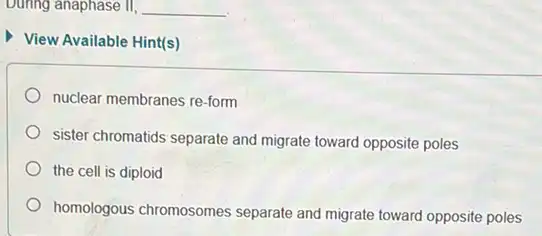 __
View Available Hint(s)
nuclear membranes re-form
sister chromatids separate and migrate toward opposite poles
the cell is diploid
homologous chromosomes separate and migrate toward opposite poles