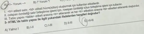 Yorum ->
1. <tro etiketi satir (d) etikefi hücre(sütun)olusturmak igin kullanilan etiketlerdir.
II. colspan ozniteligi satr birleştirme işlemi igin rowspan ôzniteligi sútun birleştime işlemi igin kullanilr.
III. Tablo yapisi <table>etiketi arasina <to eklenerek ve her <tr?etiketinin arasina <to> efiketler eklenerek olusturulur.
5. HTML'de tablo yapisi ile ilgili yukandaki ifadelerden hangileri dogrudur?
A) Yalniz I
B) HII
C) HIII
D) II-III
E) H-II-III
B) Yorum 7