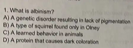 1. What is albinism?
A) A genetic disorder resulting in lack of pigmentation
B) A type of squirrel found only in Olney
C) A learned behavio in animals
D) A protein that causes dark coloration