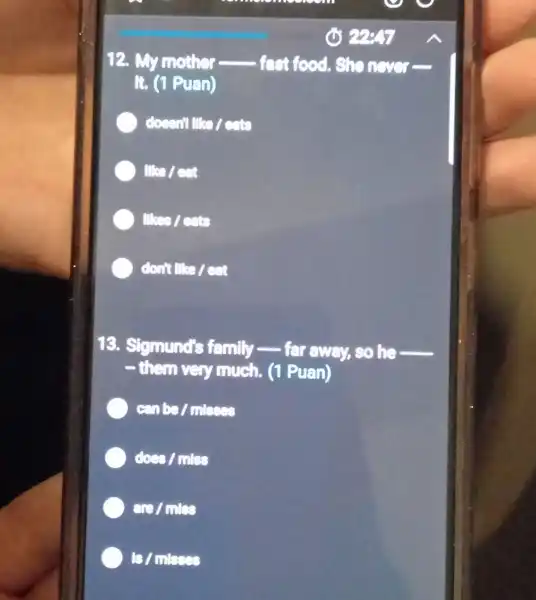 12. My mother __ fact food. She NOVCE
it. (1 Puan)
doesn't like / ents
) Ilike / eat
likes / eats
don't like / eat
13. Sigmund's family far away, so he __
- them very much. (1 Puan)
eanbe/mloces
does/mlos
an/mles
13/mloces