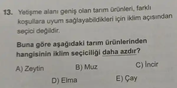 13. Yetişme alani geniş olan tarim ürünleri, farkli
kosullara uyum saglayabildikler için iklim açisindan
seçici değildir.
Buna gore aşagidak i tarim ürünlerinden
hangisinin iklim seçicilig daha azdir?
A) Zeytin
B) Muz
C) incir
D) Elma
E) Cay