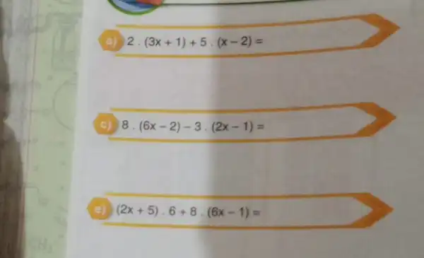 2. (3x+1)+5cdot (x-2)=
8 . (6x-2)-3cdot (2x-1)=
(2x+5)cdot 6+8cdot (6x-1)=