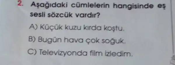 2. Asagidaki cümlelerin hangisinde es
sesli sozcük vardir?
A) Küçük kuzu kirda kostu.
B) Bugün hava Cok soguk.
C) Televizyondo film izledim.