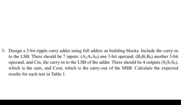 3- Design a3-bit ripple carry adder using full adders as building blocks . Include the carry-in
to the LSB. There should be 7 inputs: (A_(2)A_(1)A_(0)) one 3-bit operand, (B_(2)B_(1)B_(0)) another 3-bit
operand, and Cin, the carry-in to the LSB of the adder. There should be 4 outputs (S_(2)S_(1)S_(0))
which is the sum , and Cout, which is the carry-out of the MSB. Calculate the expected
results for each test in Table 1.