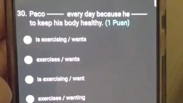 30. Paco	every day because he
to keep his body healthy.(1 Puan)
Is exercising I wants
exercises / wants
Is exercising /went
exerclses /wanting