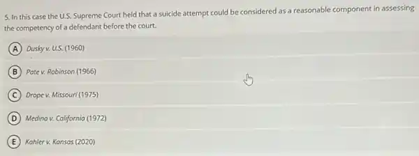 5. In this case the U.S. Supreme Court held that a suicide attempt could be considered as a reasonable component in assessing
the competency of a defendant before the court.
A Dusky v. U.S. (1960)
B Pate v. Robinson (1966)
C Dropev. Missouri(1975)
D Medina v. California (1972)
E Kahler v. Kansas (2020)