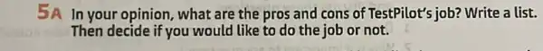 5A In your opinion what are the pros and cons of TestPilot's job? Write a list.
Then decide if you would like to do the job or not.