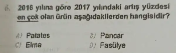 6. 2016 yilina yilindaki artis yüzdesi
en cok olan Gruin aşağidakllerden han gisidir?
A) Patates
8) Pancar
C) Elma
D) Fasúlye