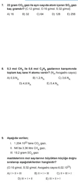 7. 22 gram CO_(2) gazi ile ayni sayida atom iceren SO_(2) SO2 gazi
kaç gramdir? (C :12g/mol,O:16g/mol,S:32g/mol)
A) 16
B) 32
C) 64
D) 128
E) 256
8. 0,3 mol CH_(4) ile 0,6 mol C_(2)H_(6) gazlarinin karisiminda
toplam kaç tane H atomu vardir? ( N_(A)	sayisi)
A) 0,9.N_(A)
B) 1,2.N_(A)
C) 3,6.N_(A)
D) 4,8.N_(A)
E) 5,4.N_(A)
9. Asagida verilen;
I. 1,204cdot 10^23 tane CO_(2) gazi
II. NK'da 3,36 litre CH_(4) gazi,
111. 19,2 gram SO_(2) gazi
maddolerinin mol sayilarinin büyldkten kücüge dogru
siralanişi aşağidakilerden hangisidir?
(O:16g/mol,S:32g/mol Avogadro sayisi:6 6,02cdot 10^23
A) vert gt Vert gt Vert vert 
B) Vert gt vert gt Vert vert 
C) Vert gt Vert vert gt vert 
D) Vert vert gt vert gt Vert 
E) Vert vert gt Vert gt vert