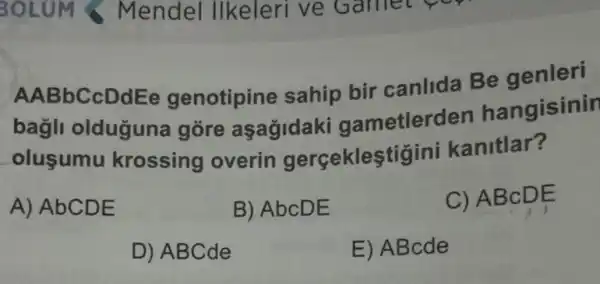 AABbCcDdEe genotipine sahip bir canlida Be
bagli olduguna góre asagidaki gametlerder hangisinin
olusumu krossing overin gerçeklestigin i kanitlar?
A) AbCDE
B) AbcDE
C) ABcDE
D) ABCde
E) ABcde