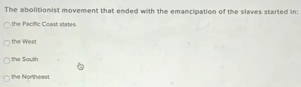 The abolitionist movement that ended with the emancipation of the slaves started in:
the Pacific Coast states
the West
the South
the Northeast