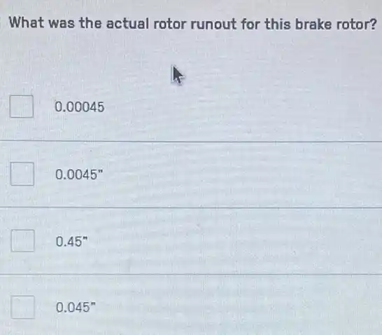 What was the actual rotor runout for this brake rotor?
0.00045
0.0045''
0.45''
0.045''